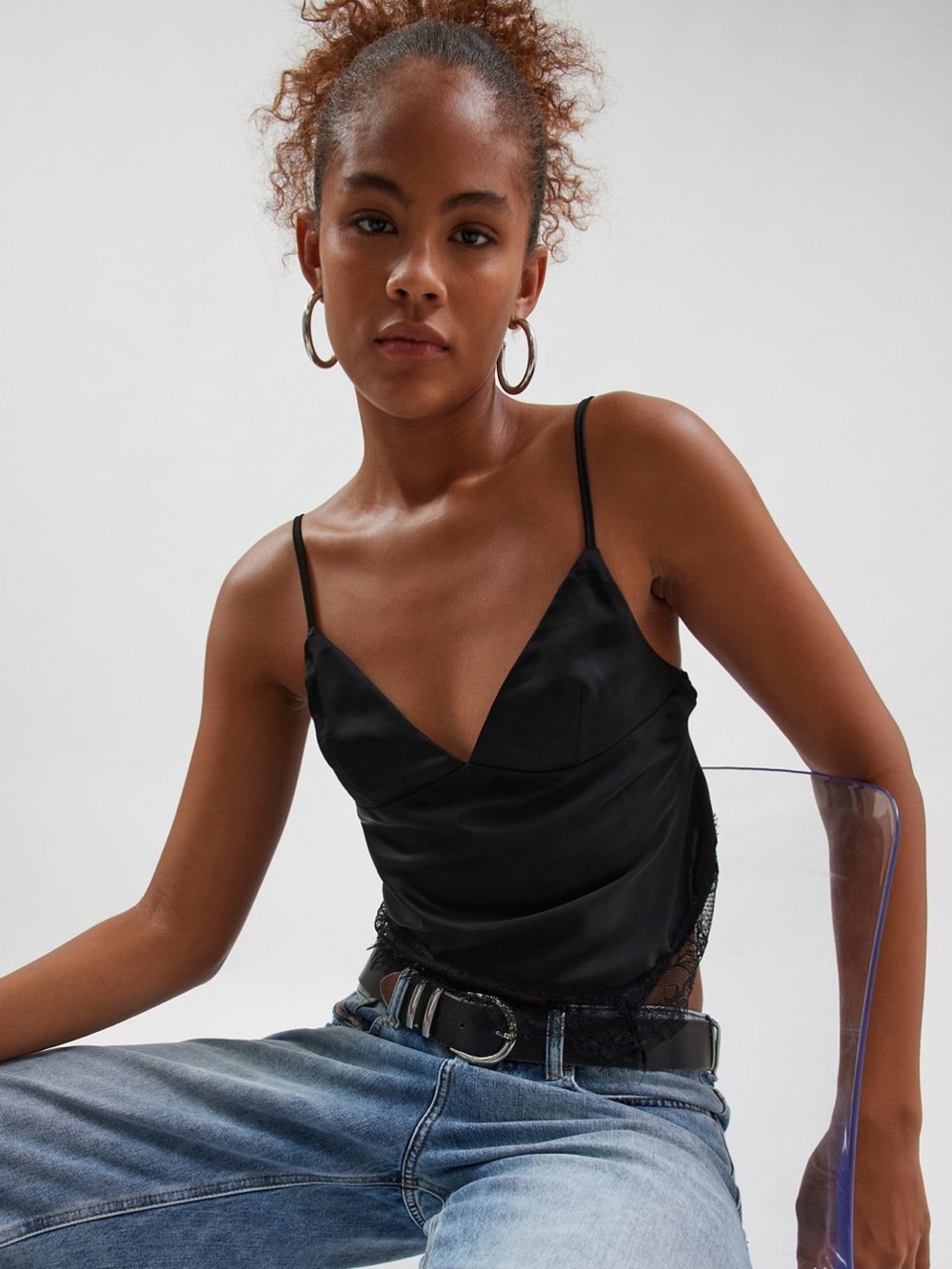 Kimchi Blue Black Lace-Trim Satin Tank - Picture 2 of 9